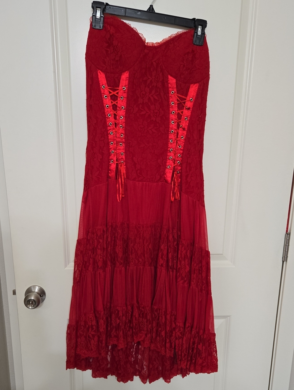 The Pyramid Collection Strapless Red Lace Corset Midi Dress